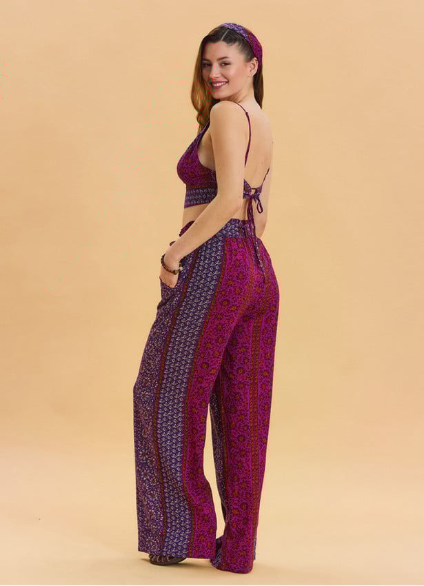 Lace Up Open Back Adjustable Purple Floral Blouse 4648